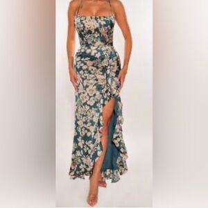 Hot Miami Styles Cream and Teal Maxi Dress with Ruffled Slit, Criss Cross back